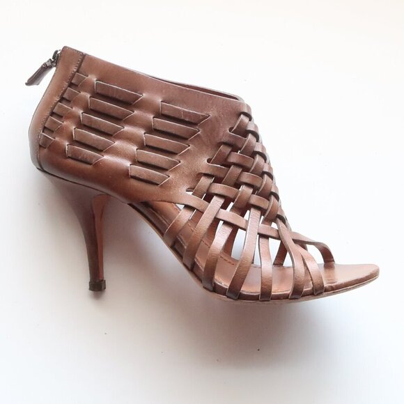 Givenchy Brown Leather Woven Strappy Open Toe Heels Sandals Luxury Bootie Shoes - Picture 10 of 16
